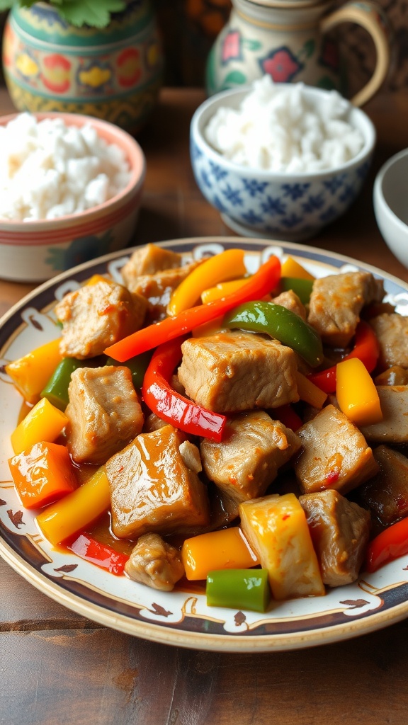 Delicious Pork Ulam Recipes for Every Occasion A satisfying plate of pork belly stir-fry with mixed vegetables, served with rice on a rustic table.